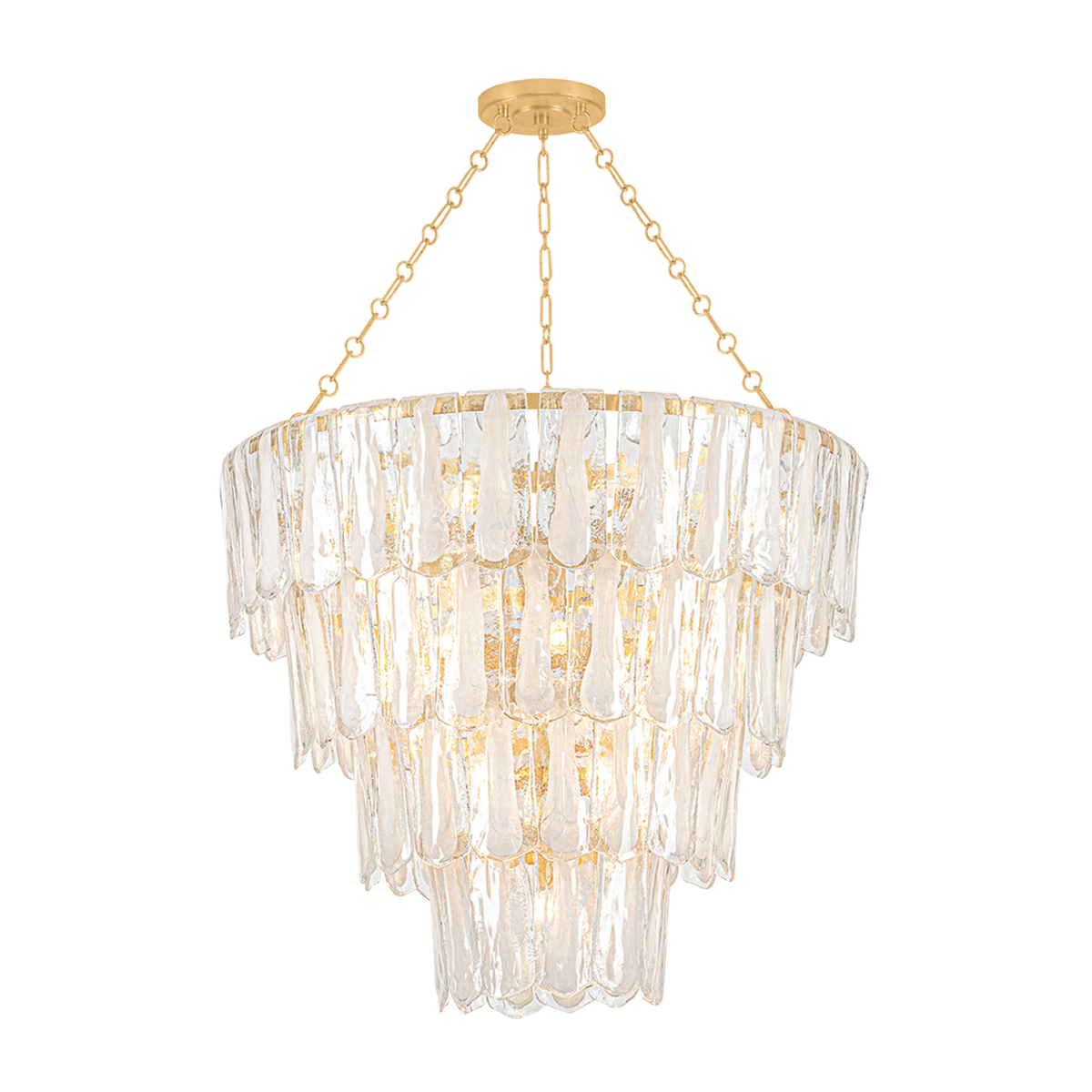 Tappan tiered crystal chandelier illuminated, product cutout on transparent background showing full glass panel layers