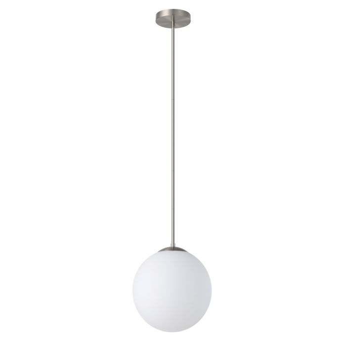 Pendant light with white globe shade and silver fixture on a white background
