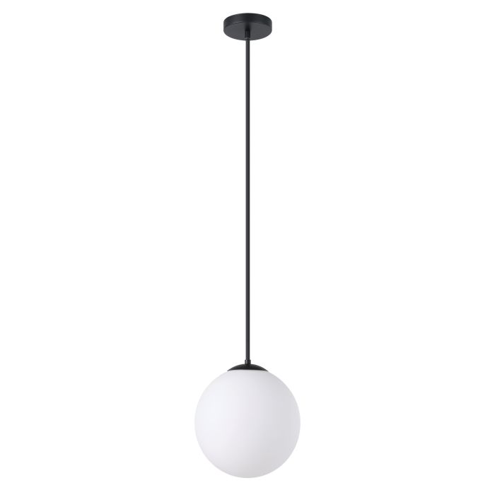 Pendant light with white glass shade and black fixture on a white background