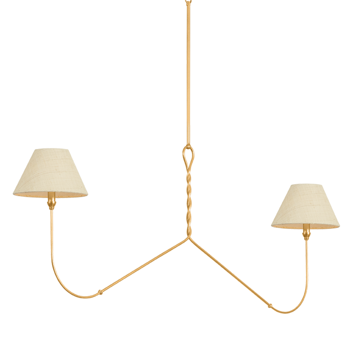 Two-arm chandelier with twisted gold brass stem and curved arms with cream drum shades, product cutout on transparent background