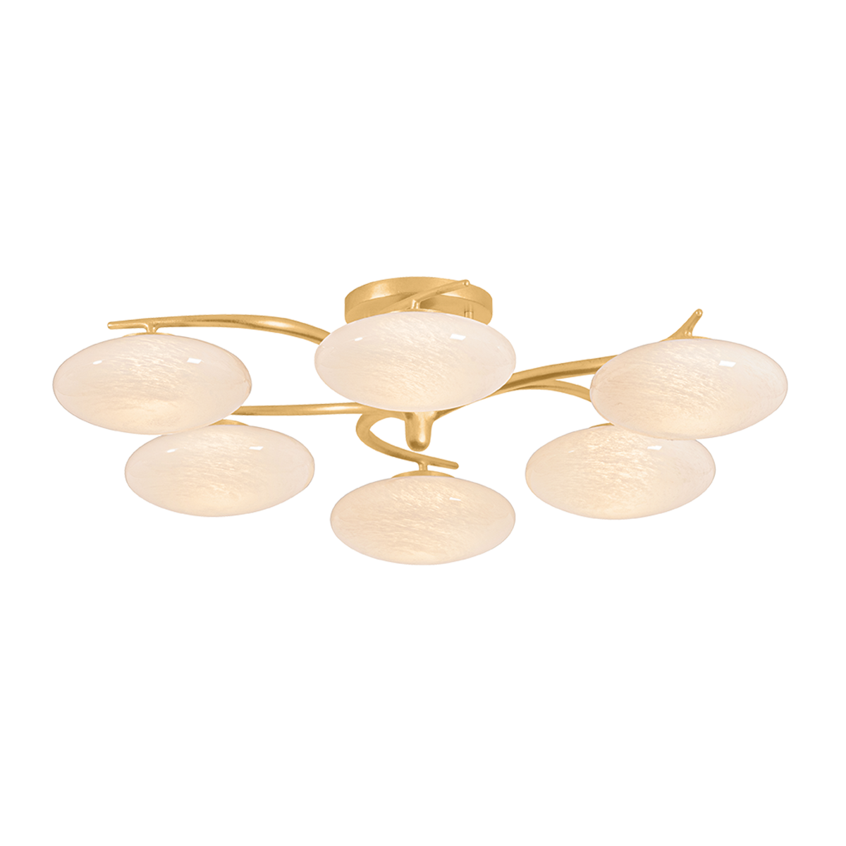 Six-arm chandelier with oval white glass globes on gold brass arms, product cutout on transparent background