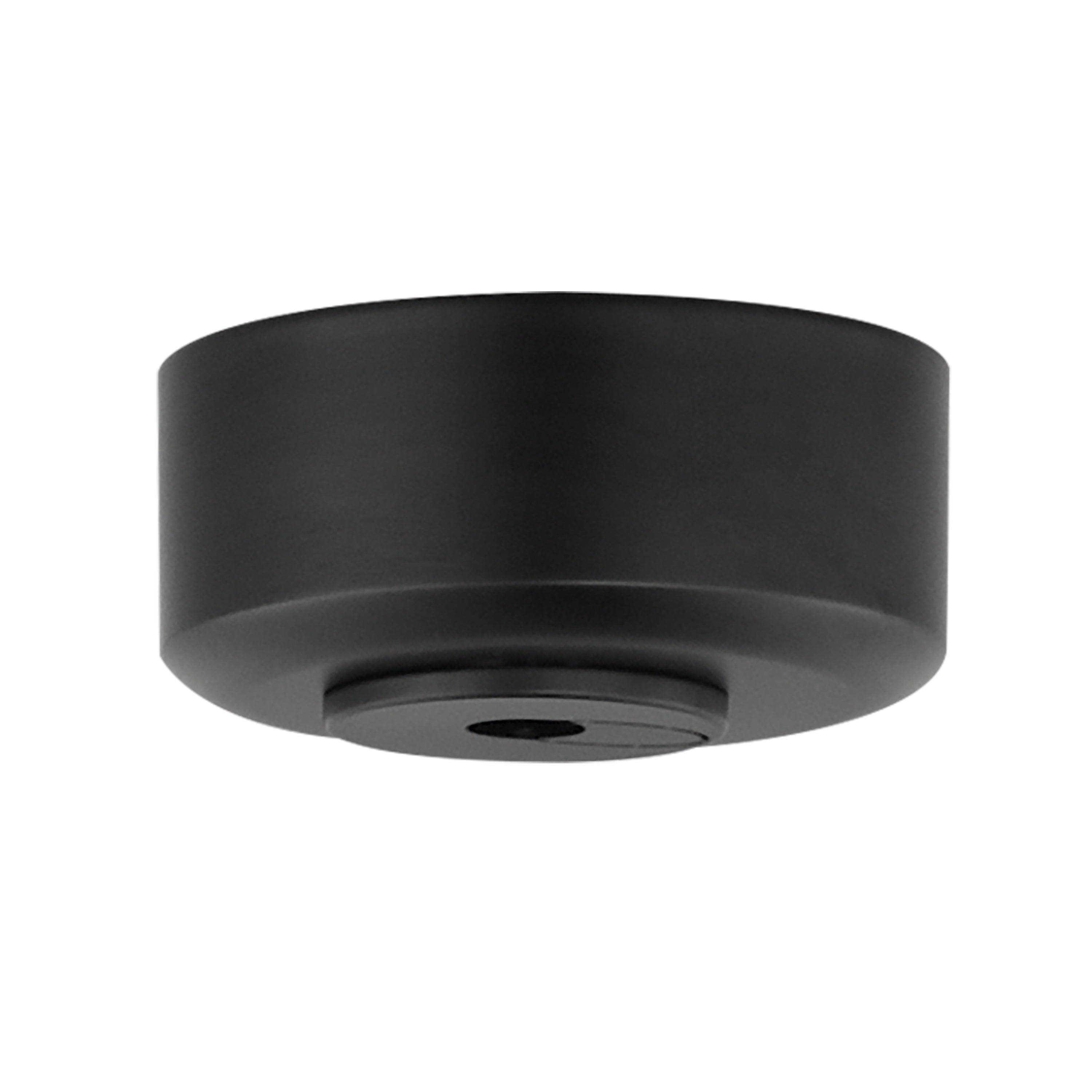 Matte black ceiling fan canopy and mounting bracket on a white background