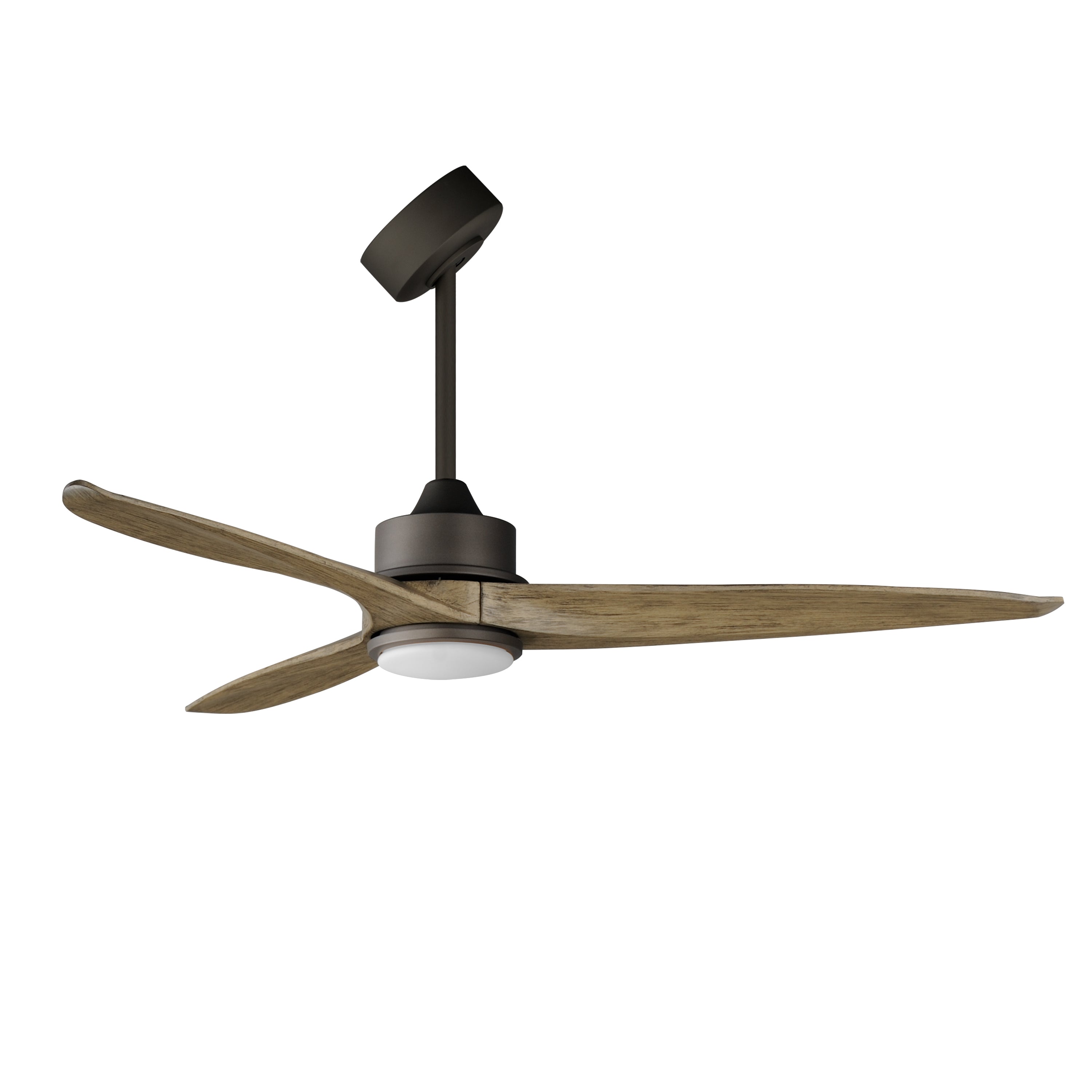 Three-blade ceiling fan with natural wood blades, charcoal motor and light kit on a white background