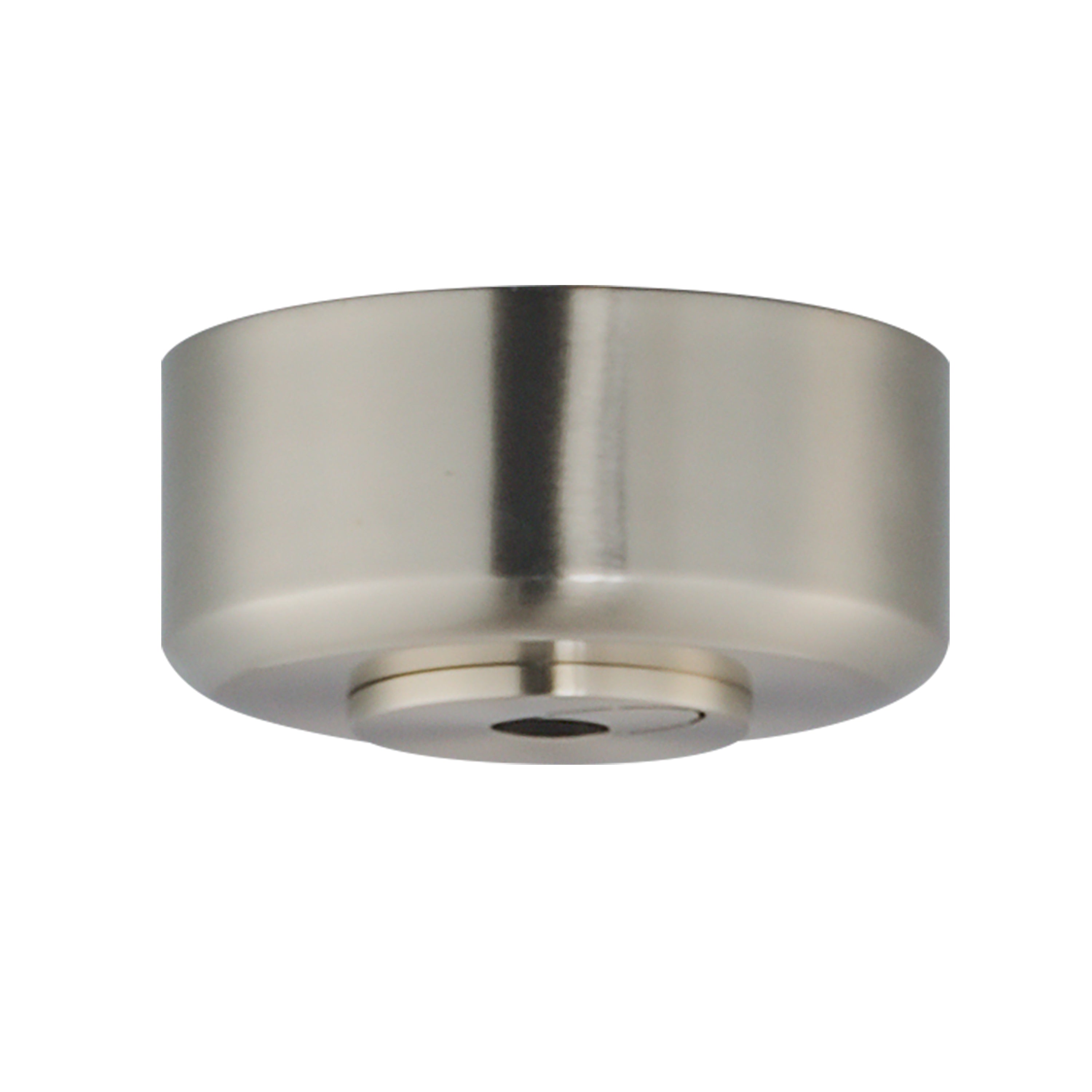 Satin nickel ceiling fan canopy and mounting bracket on a white background