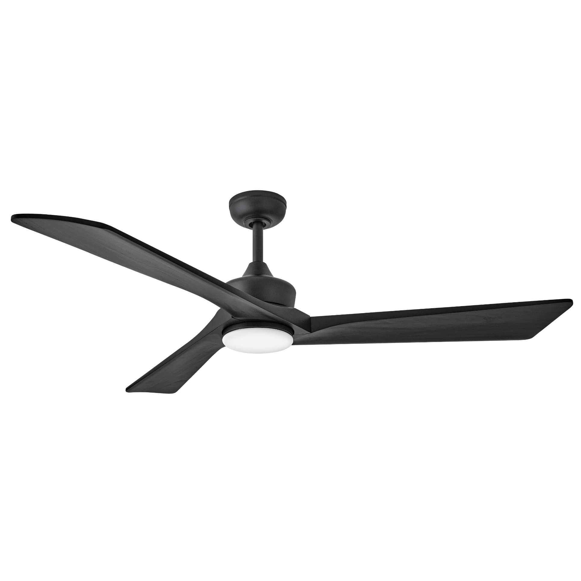 A three-blade modern ceiling fan in a matte black finish with a central white light fixture, shown against a plain white background.