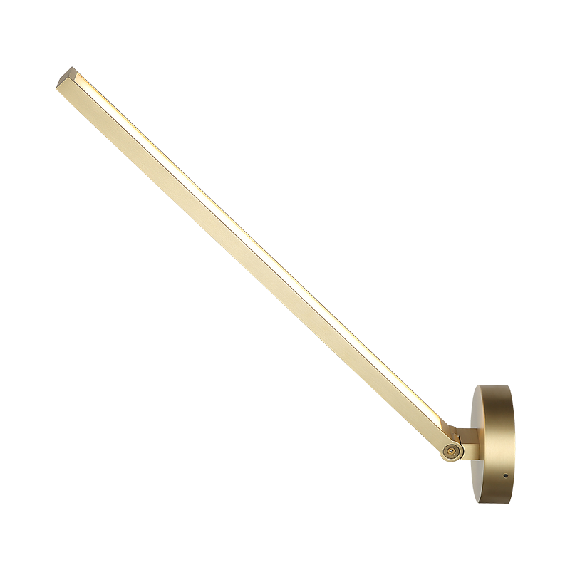 Adjustable LED picture light smaller version with pivoting arm in brushed gold finish, shown at angle, product photo