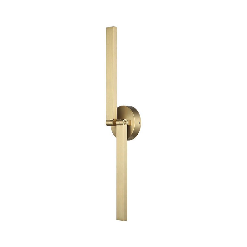 Adjustable LED picture light with pivoting arm in brushed gold finish, shown in vertical position, product photo