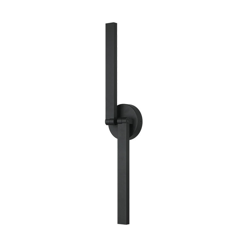 Adjustable LED picture light with pivoting arm in matte black finish, shown in vertical position, product photo