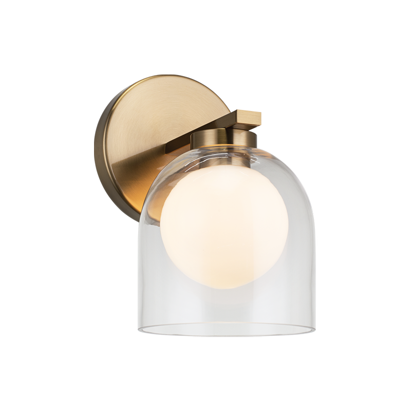 1-light wall sconce in aged gold finish with clear glass dome shade and frosted globe bulb, product photo