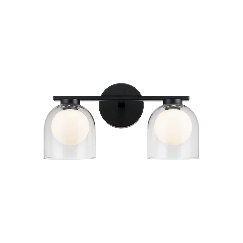 2-light vanity bar light in matte black finish with clear glass dome shades on horizontal bar, product photo