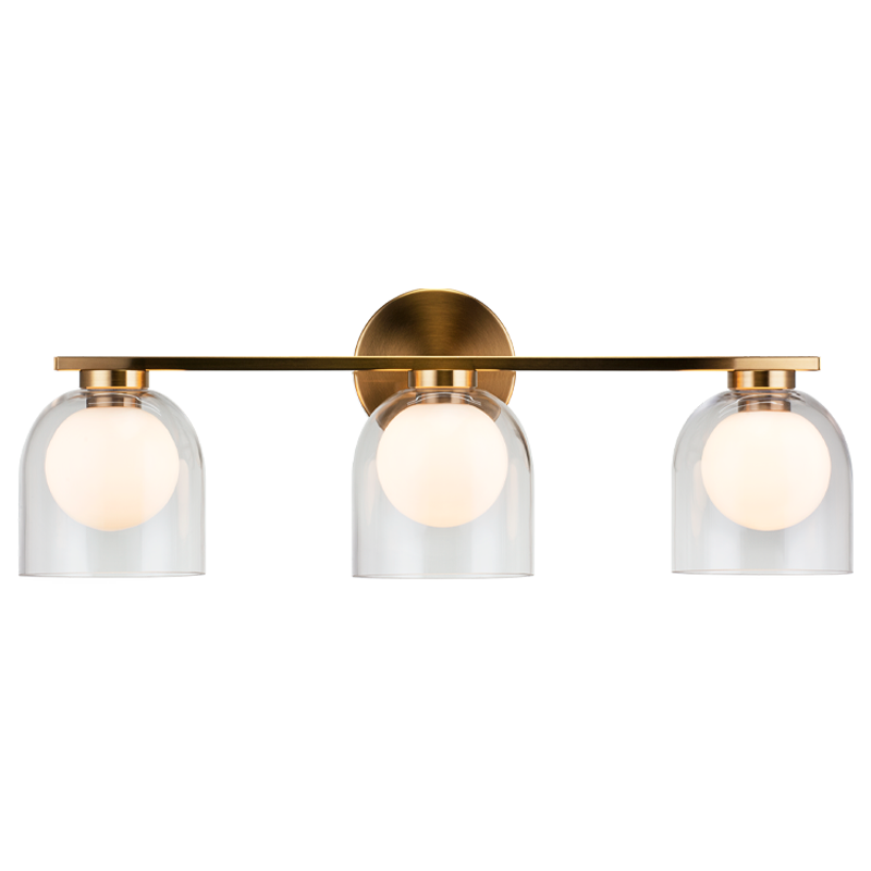 3-light vanity bar light in aged gold finish with clear glass dome shades on horizontal bar, product photo