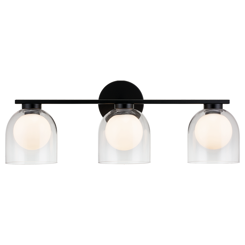 3-light vanity bar light in matte black finish with clear glass dome shades on horizontal bar, product photo