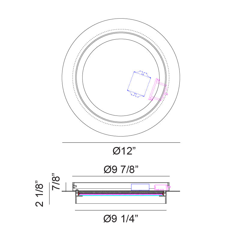 Round flush mount ceiling light line drawing showing 12 inch diameter and 2 1/8 inch height with dimensions
