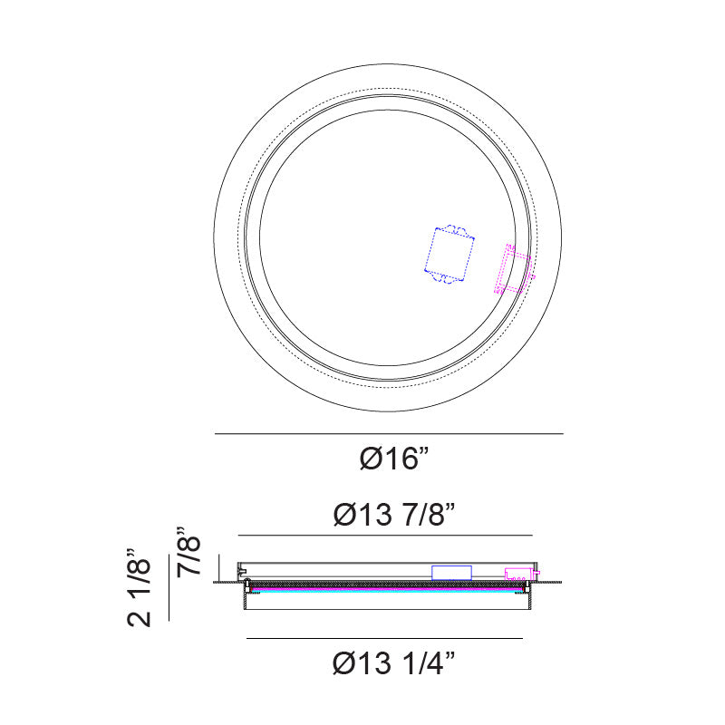 Round flush mount ceiling light line drawing showing 16 inch diameter and 2 1/8 inch height with dimensions