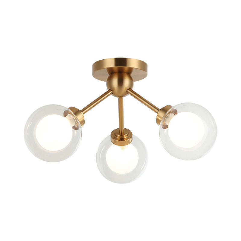 3-Light ceiling mount with orbital ring glass shades in aged gold finish, product photo