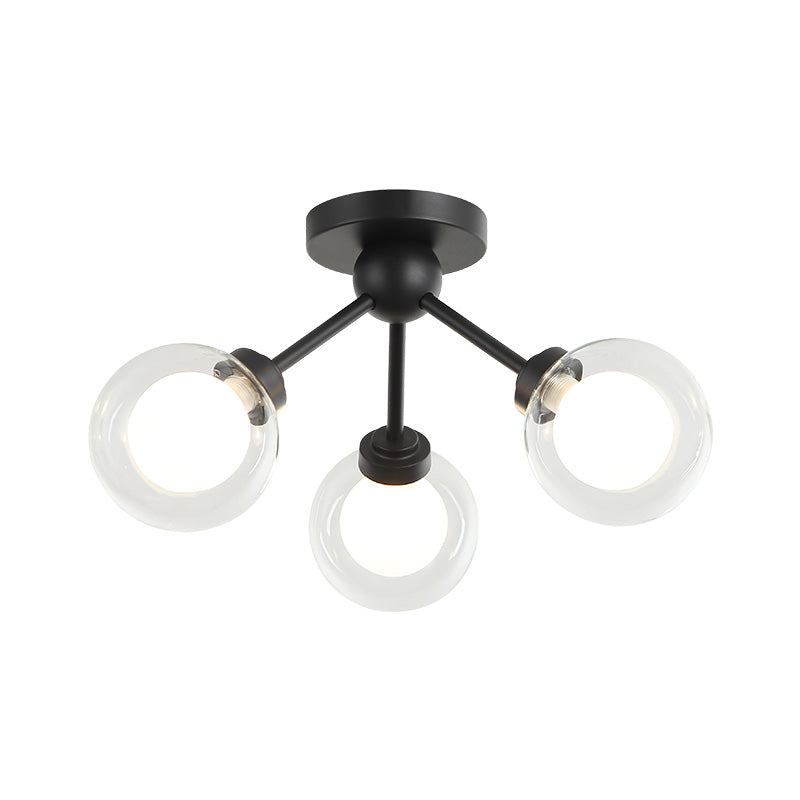 3-Light ceiling mount with orbital ring glass shades in matte black finish, product photo
