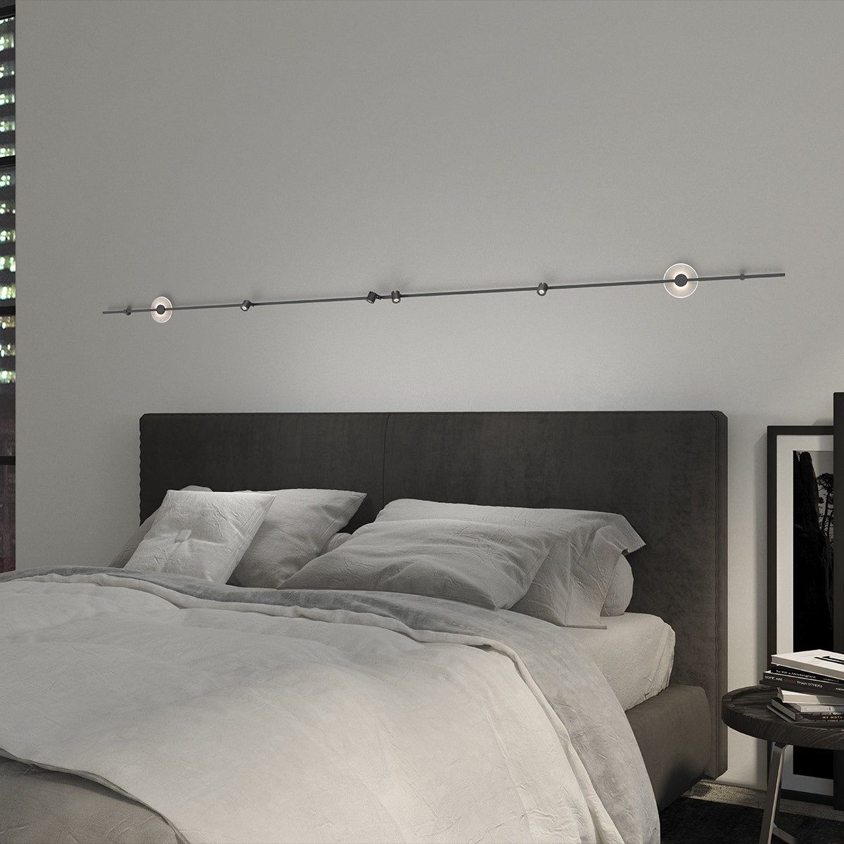 Suspenders 72" 2-Bar Linear Wall-Mounted with Mezzaluna Luminaires + Precise Bar-Mounted Aimable Cylinders
