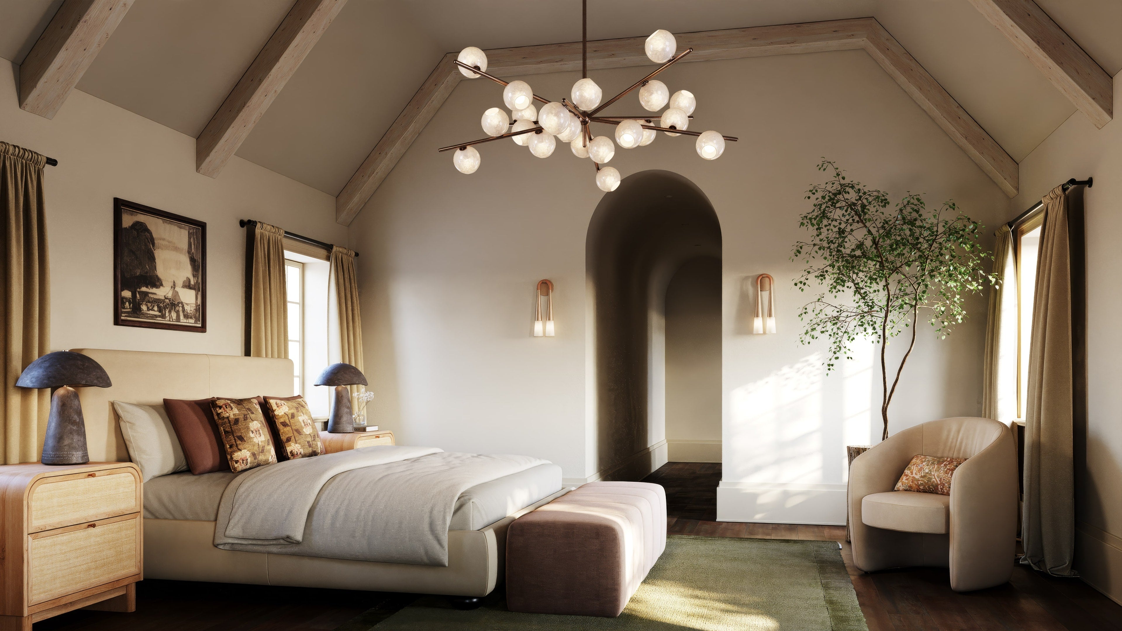 Bedroom interior showcasing 2026 lighting trends with layered lighting, sculptural pendant, warm table lamps, and wall sconces.