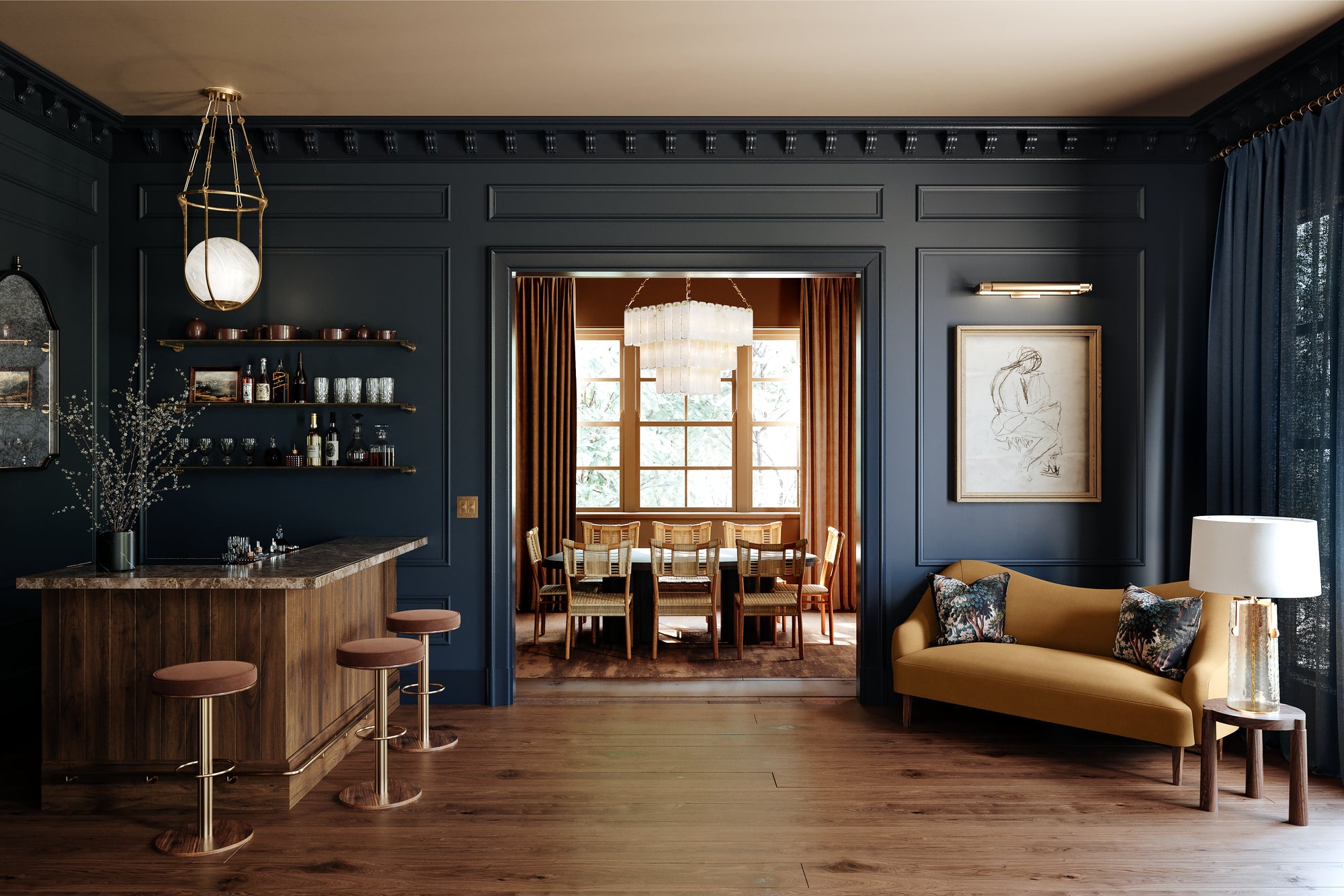 Dark Sophisticated Home Style for 2026 Elegant Interior Ideas for Modern Living 8 Modern dark living room with pendant lighting and elegant decor