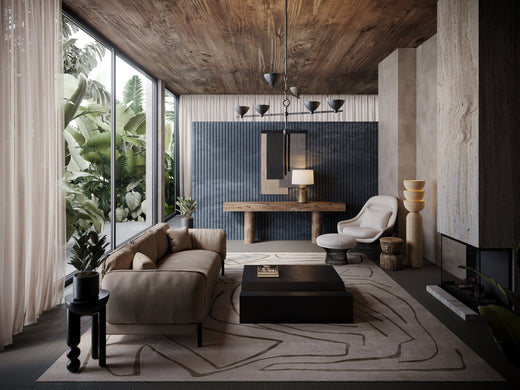 Modern living room with natural light, featuring textured decor, a neutral colour palette, and layered lighting for a cozy ambiance.
