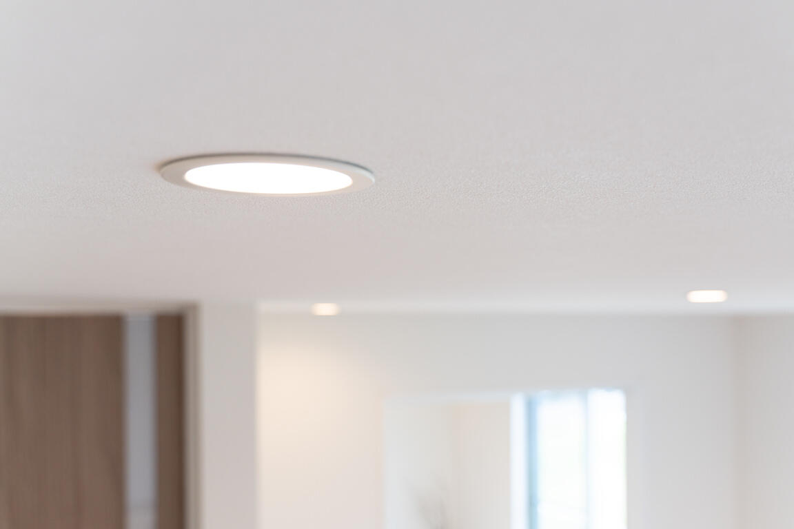 Modern recessed lighting in open-concept lounge and patio with wood accents and outdoor dining area