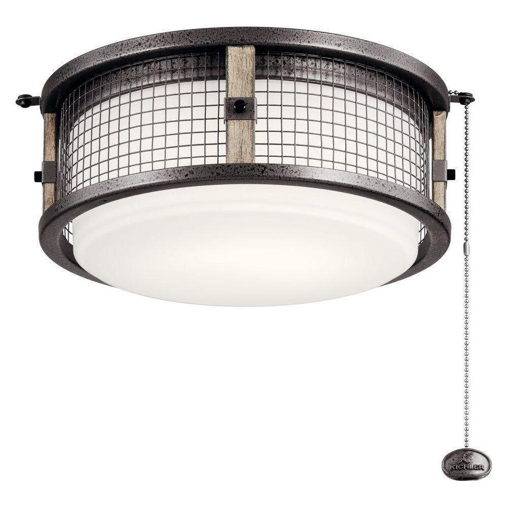 Fan Light Kits industrial-style ceiling fan light kit with metal mesh shade and pull chain.