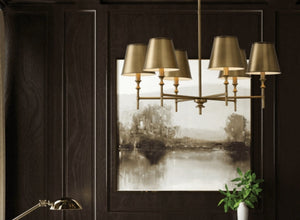 Ivy League chandelier with gold shades and classic design, adding a sophisticated touch to a traditional interior.