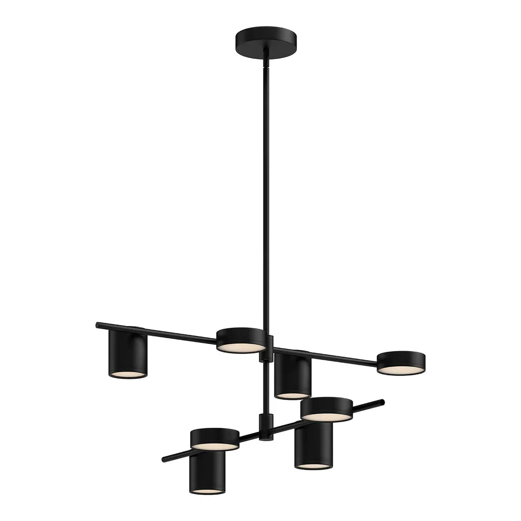 Modern LED chandelier with a black geometric frame and cylindrical lights, available at Lights Canada.