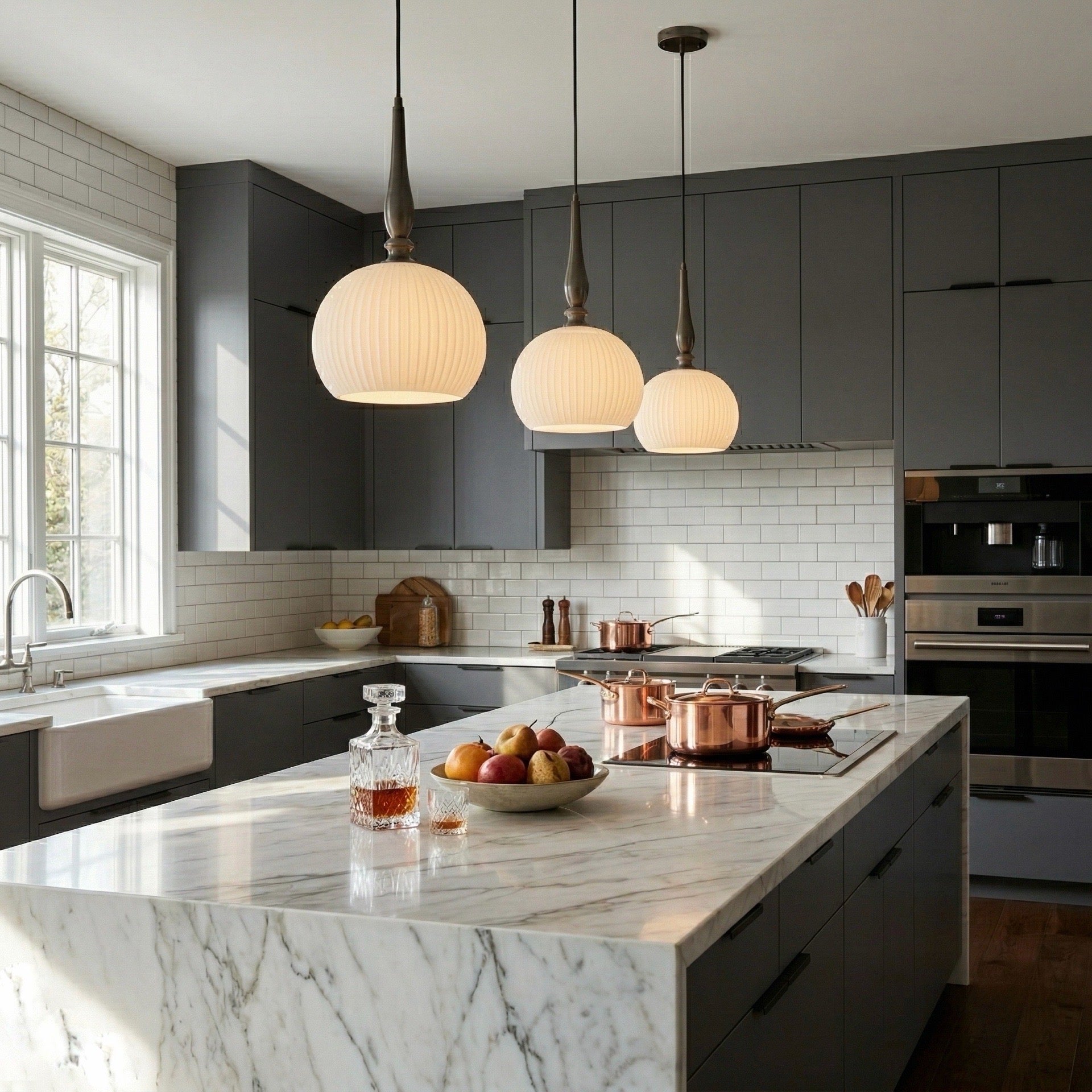 Artcraft Lighting ribbed glass pendant lights hanging over a marble kitchen island with dark cabinetry.