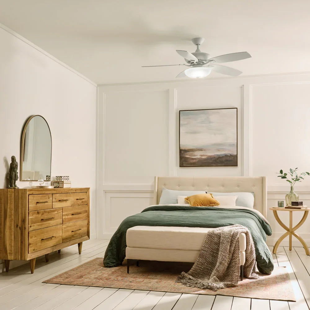 Modern ceiling fan with white blades installed in a cozy bedroom featuring neutral tones, wooden furniture, and soft lighting.