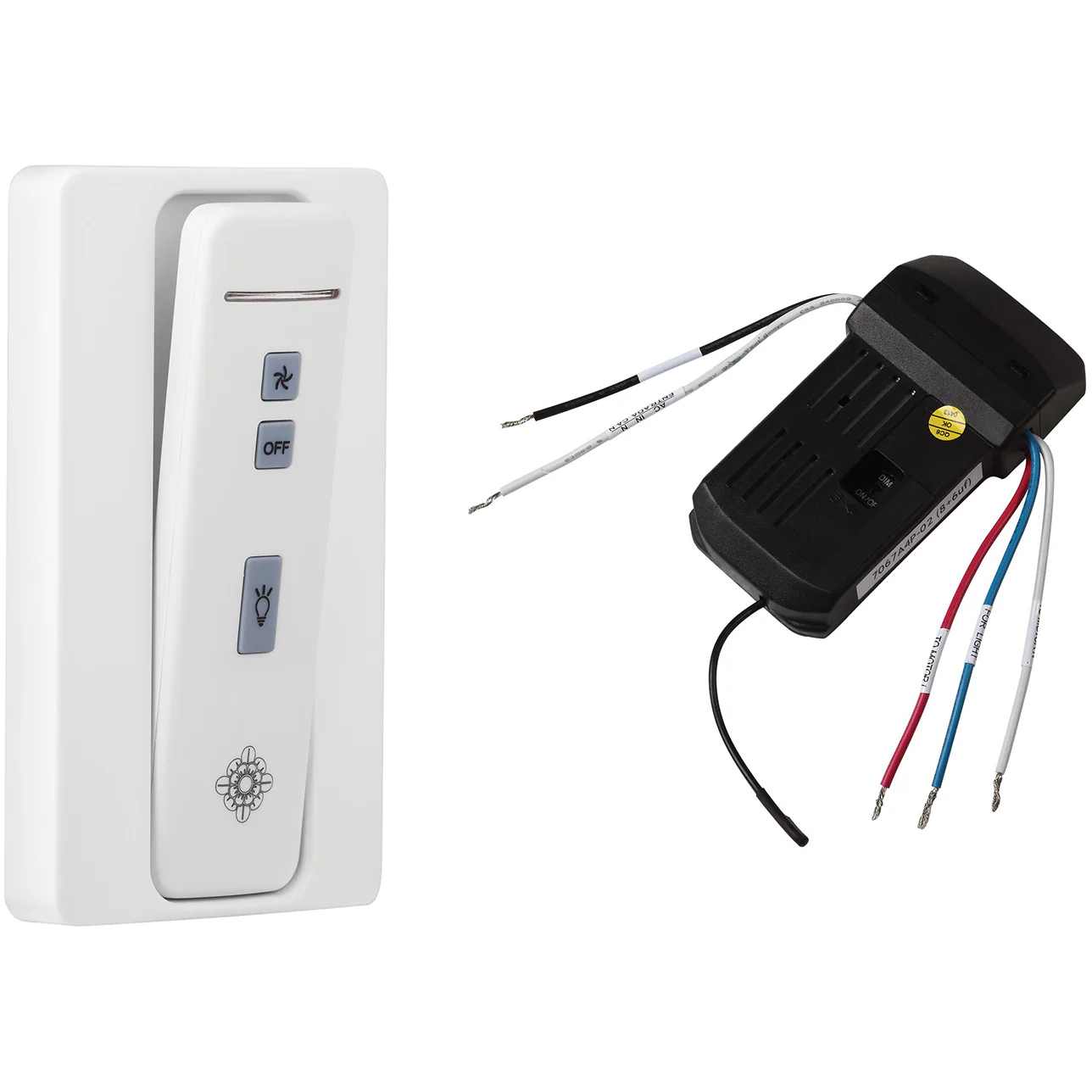 Fan Controls white wall-mounted fan control with black receiver and exposed wires.