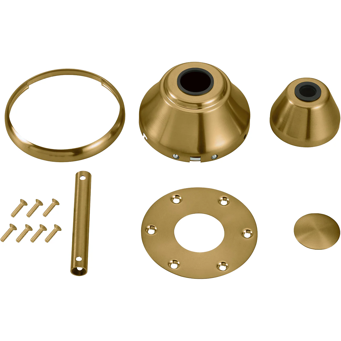 Fan Parts & Accessories gold ceiling fan mounting hardware and accessory parts on a white background.