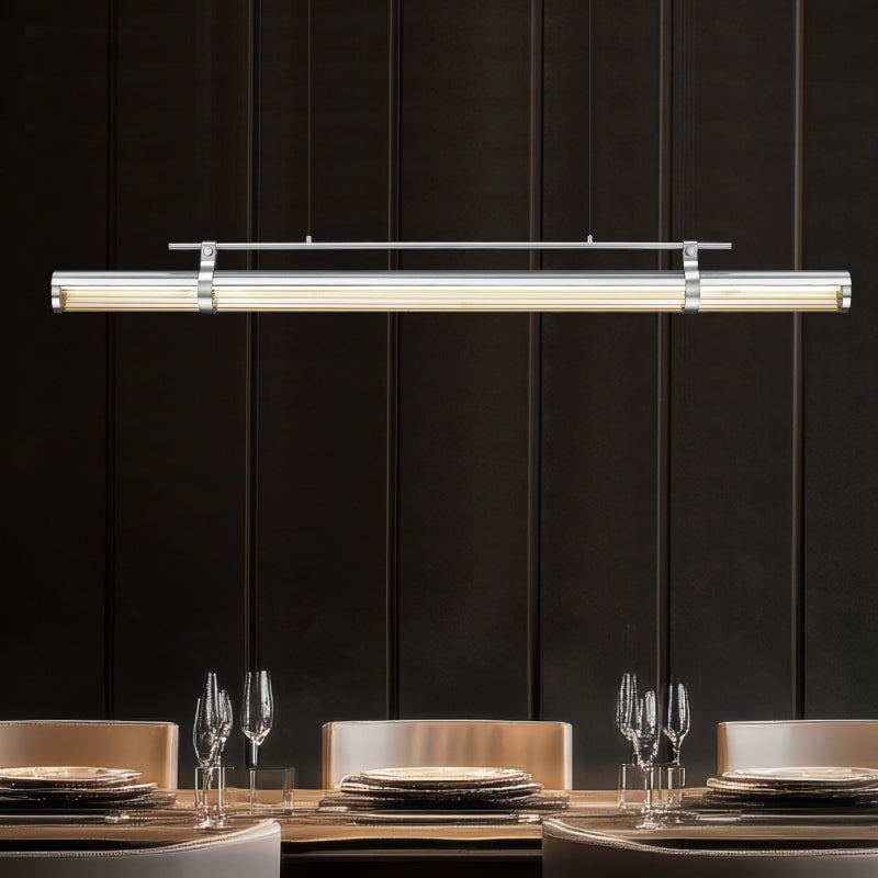 LED Linear Suspensions slim LED linear suspension light above a formal dining table.