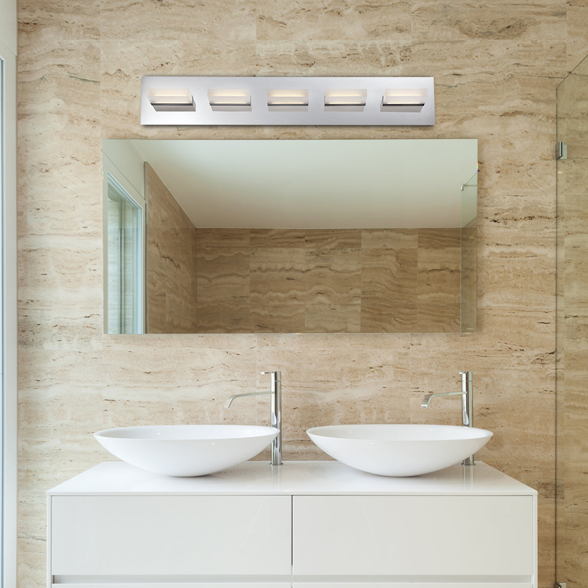 LED Vanity Lights modern LED vanity light bar above a double bathroom vanity mirror.