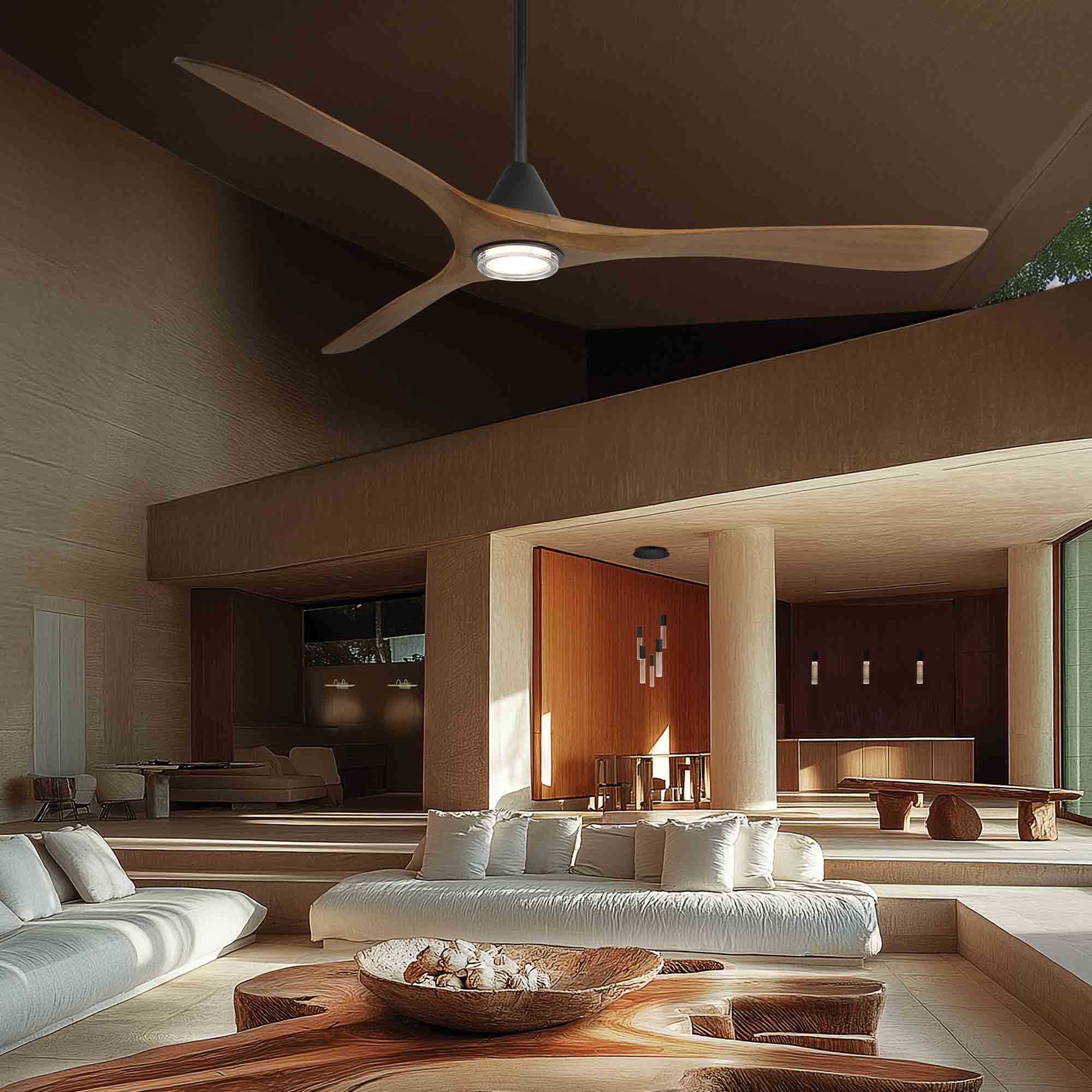 Lighted Fans wood blade ceiling fan with integrated light in a modern open living room.