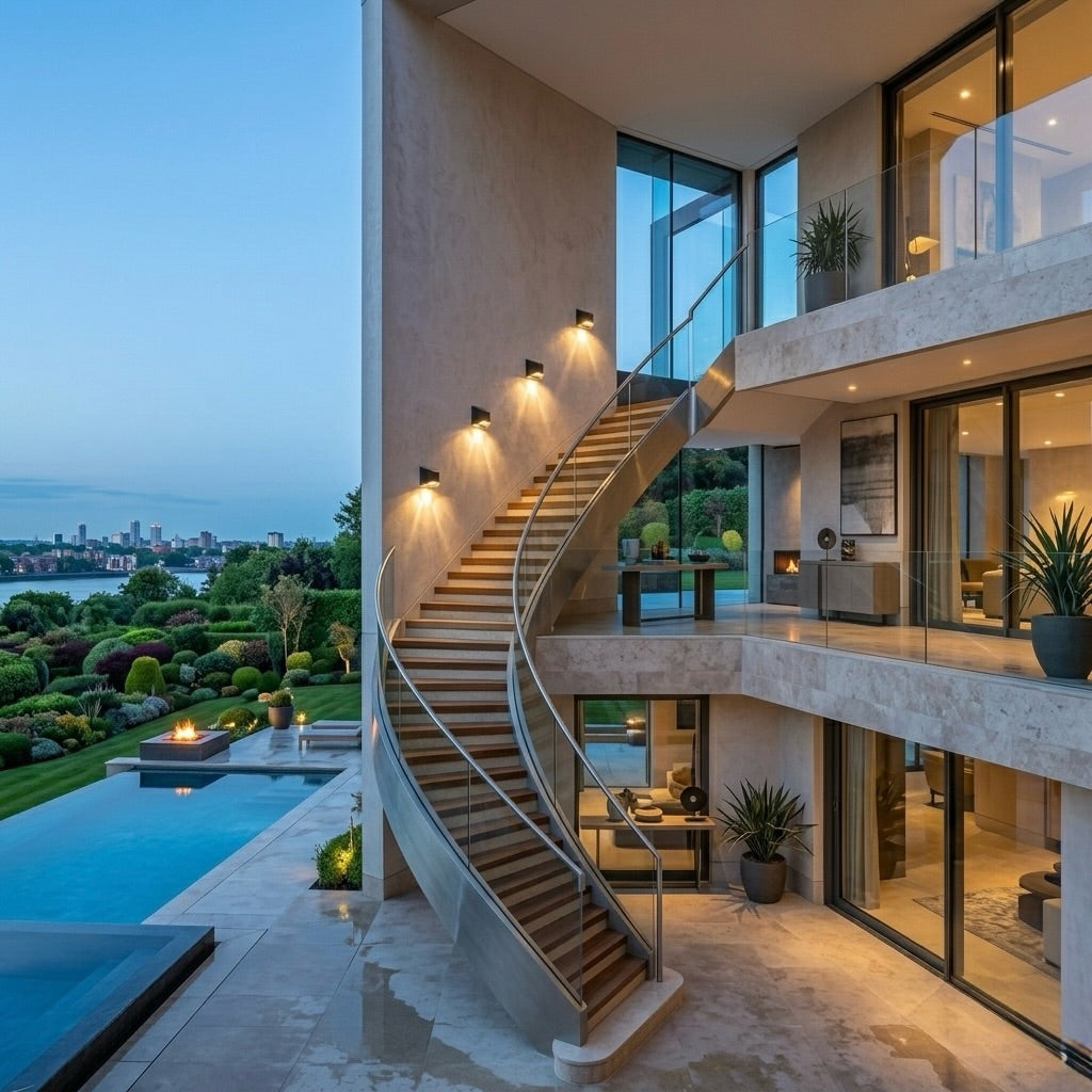 Outdoor Step Lights wall-mounted outdoor step lights illuminating a modern exterior staircase.