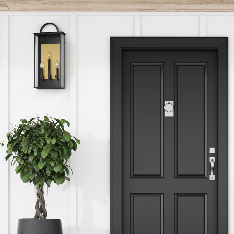 Transitional Outdoor Wall Lights black lantern-style outdoor wall light beside a black front door.