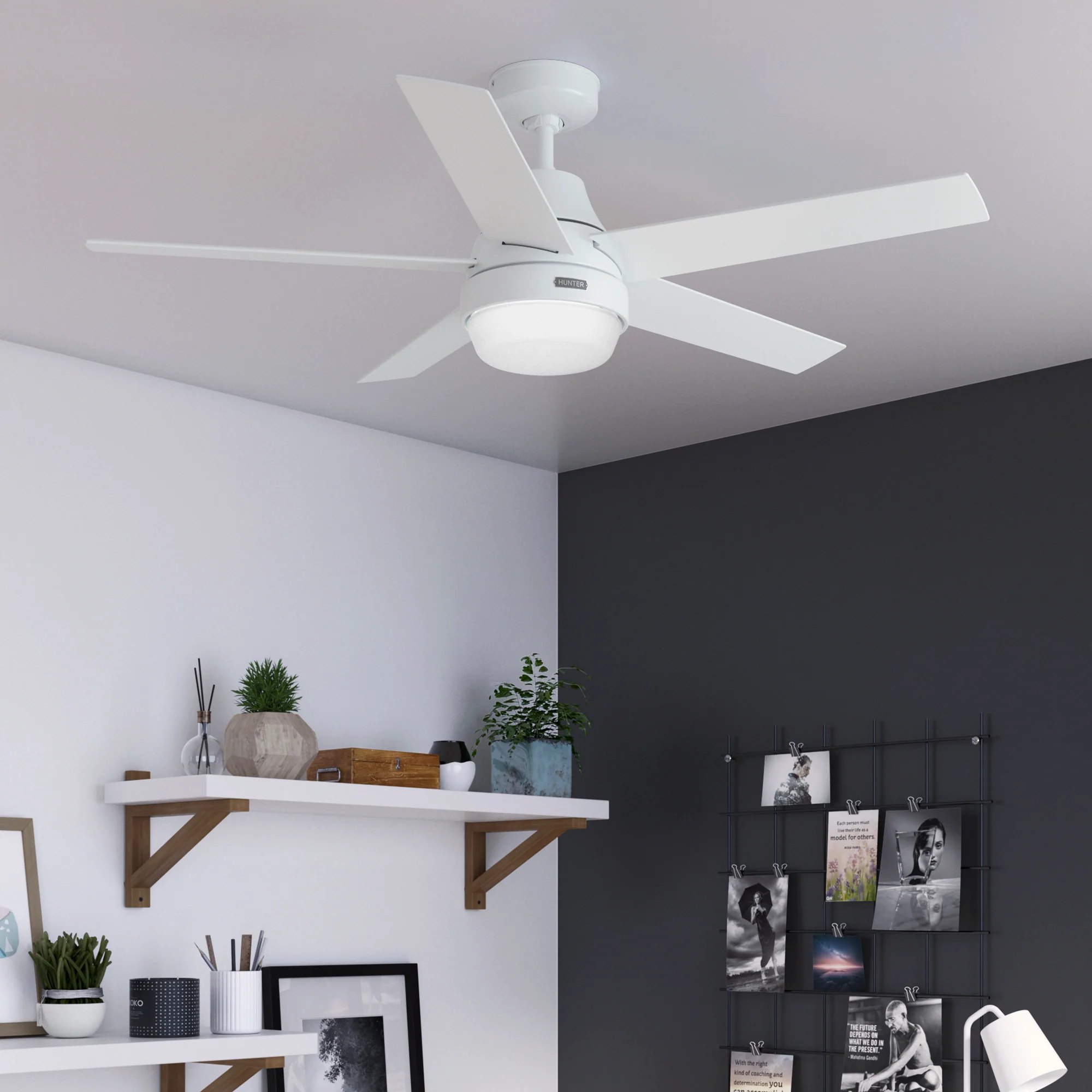 Smart Ceiling Fans white Hunter ceiling fan with integrated light in a modern home office.
