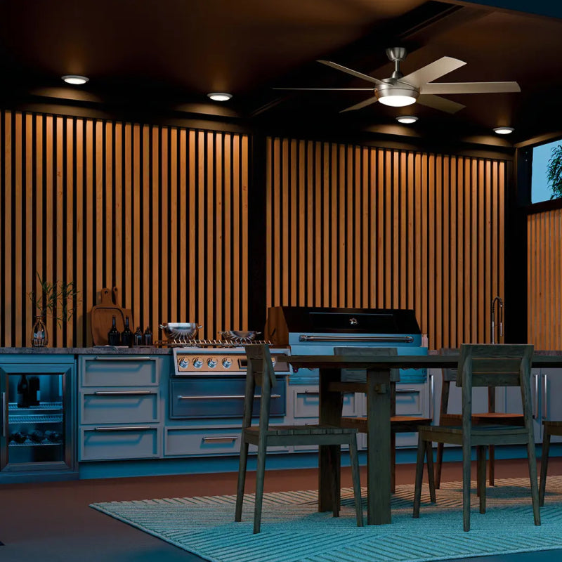 Outdoor Ceiling Lights outdoor ceiling lights and ceiling fan above a covered kitchen and dining patio.