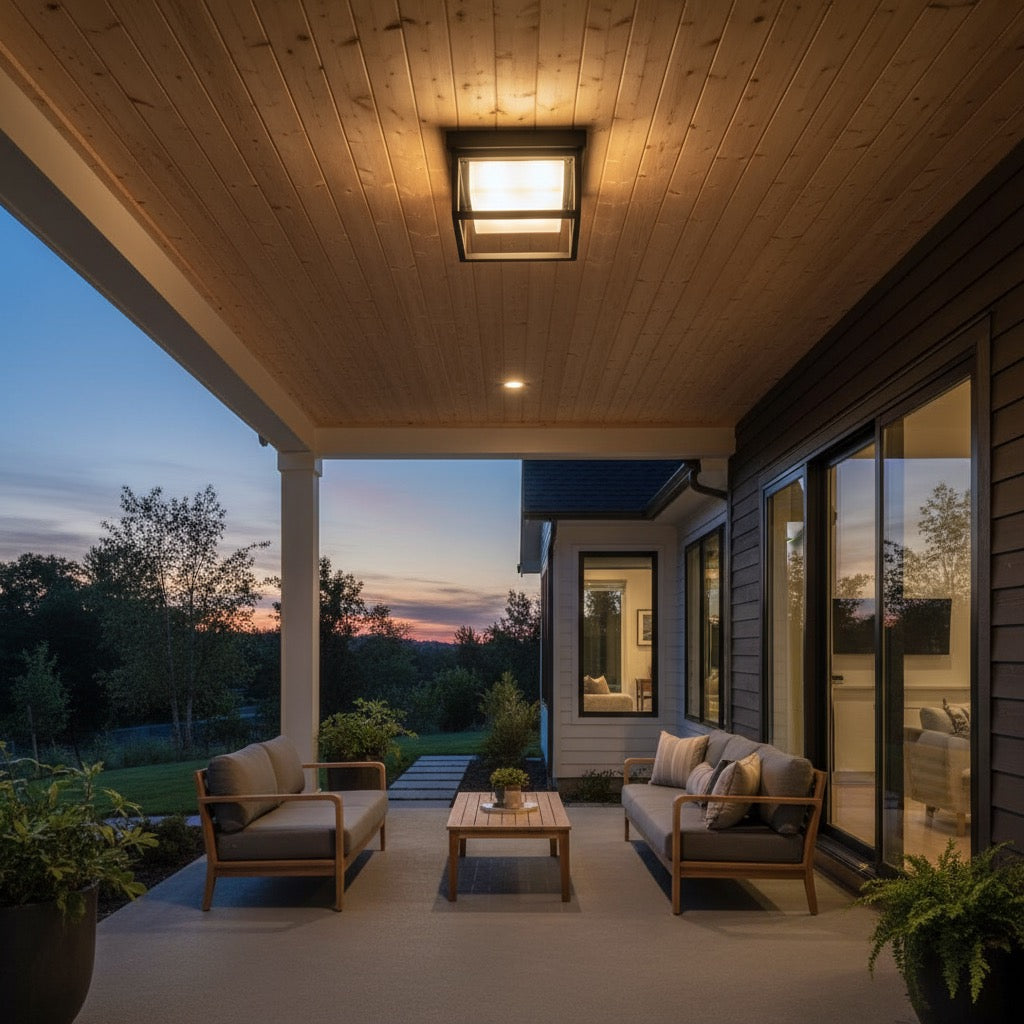 Black Flush Mount Lights black square flush mount light on a covered patio with wood ceiling.