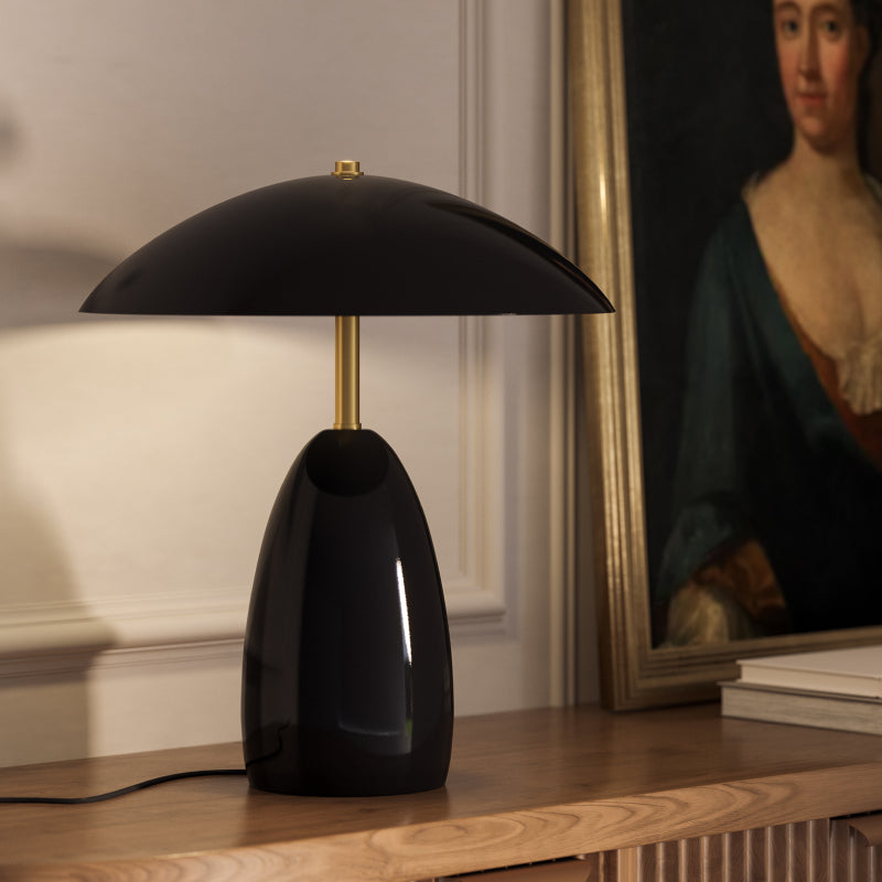 Black Table Lamps black table lamp with a dome shade and brass accents on a wooden console.