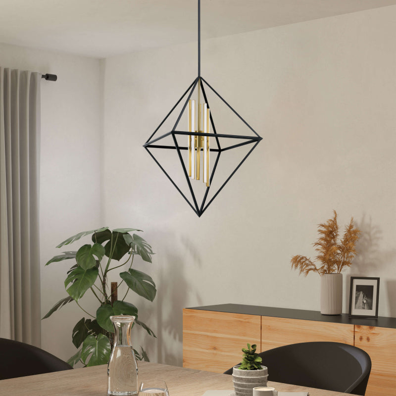 Cage Pendants black geometric cage pendant light with gold accents above a dining table.