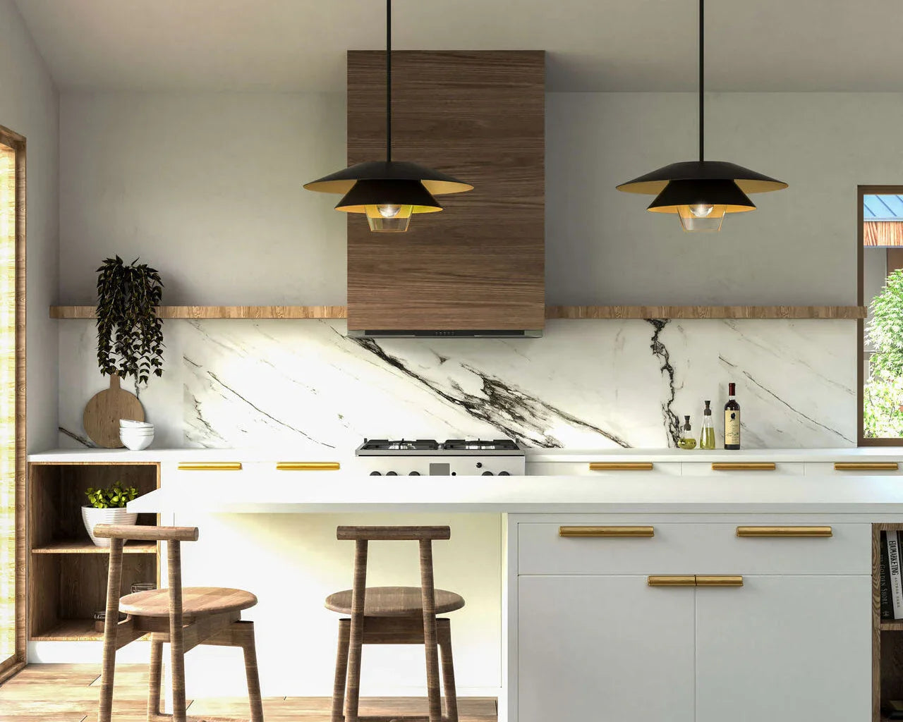 black and gold japandi style pendant lights over kitchen island