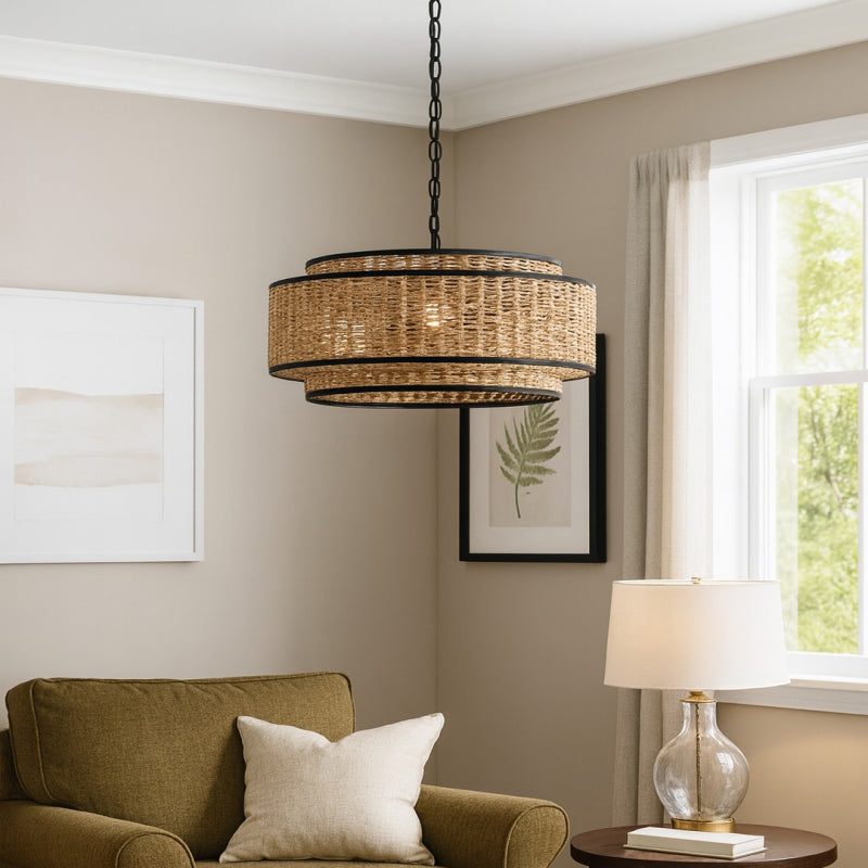 Drum Pendants woven drum pendant light in a cozy living room.