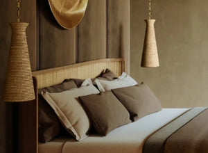 Earth Tones bedroom lighting with woven pendant lights and neutral decor, creating a warm, natural ambiance.