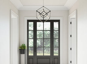 Entry and foyer lighting featuring a modern geometric pendant light in a bright, minimalist hallway with black double doors.