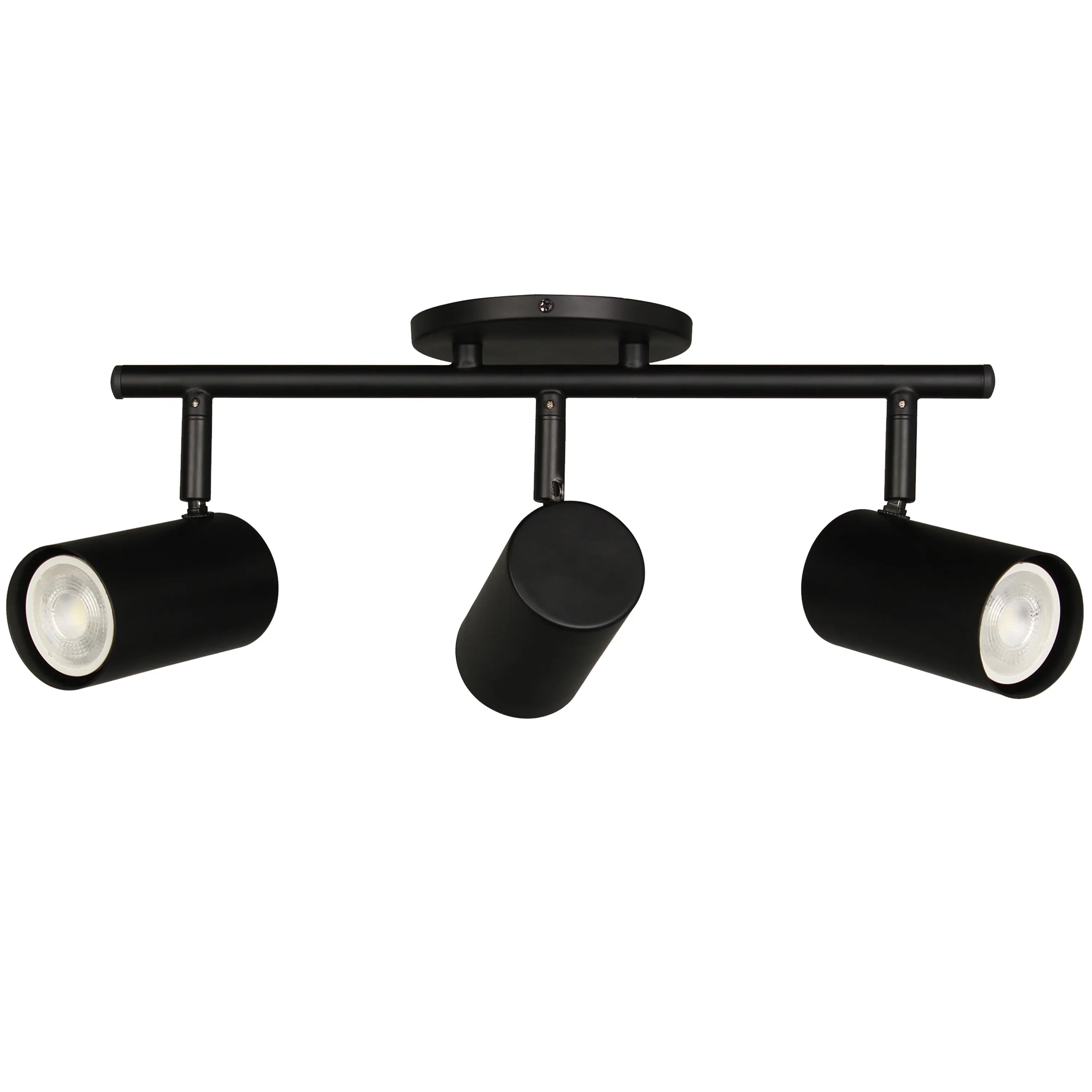 Fixed Track Lighting black three-light fixed track fixture with adjustable cylinder heads on a white background.