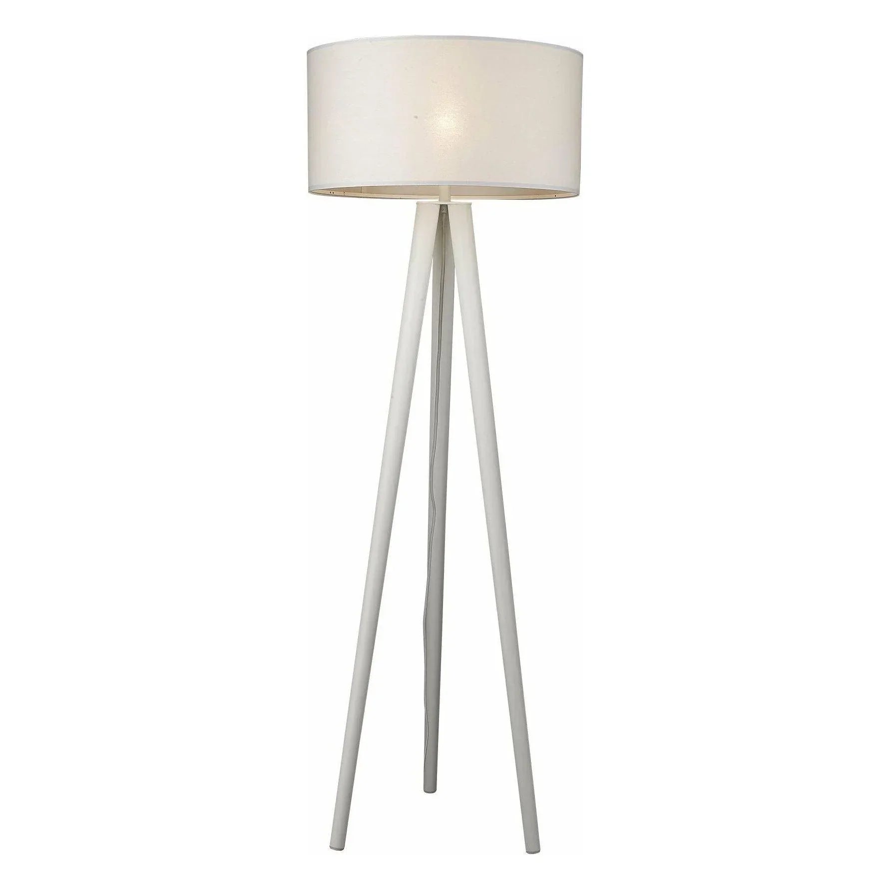 Modern floor lamp by Trend with a white tripod base and fabric drum shade.