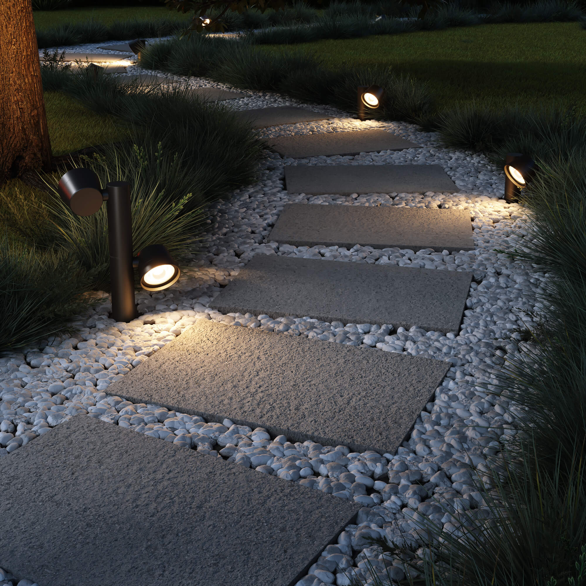 Landscape Spot Lights black landscape spot lights illuminating a modern stone garden pathway.