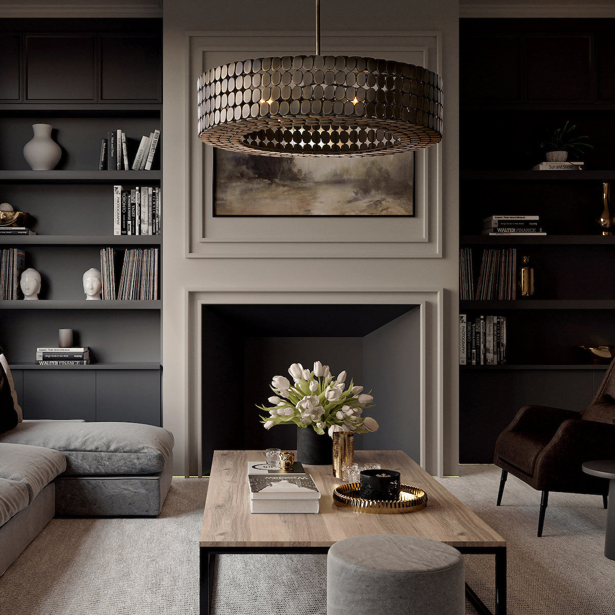 Medium & Large Pendants large round pendant light with dark metal disc details in a modern living room.